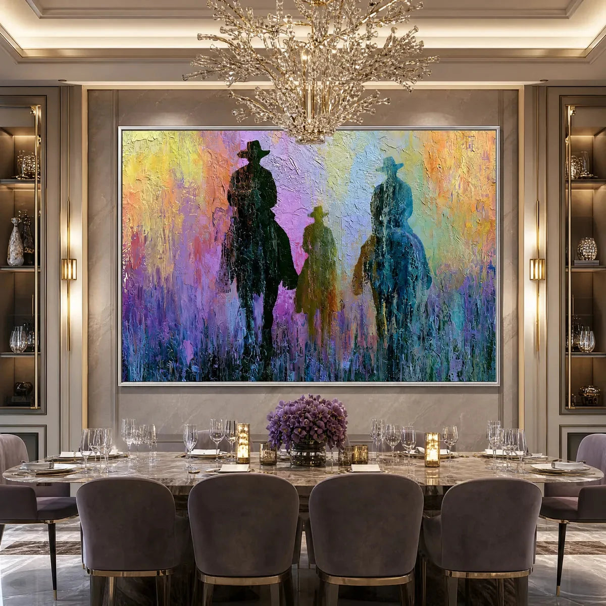 Twilight Posse: Textured Cowboy & Horse Oil Painting Wall Art | Abstract mood, soft natural light studio shot
