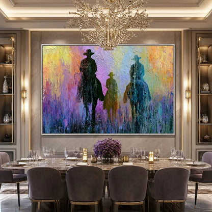 Twilight Posse: Textured Cowboy & Horse Oil Painting Wall Art | Abstract mood, soft natural light studio shot