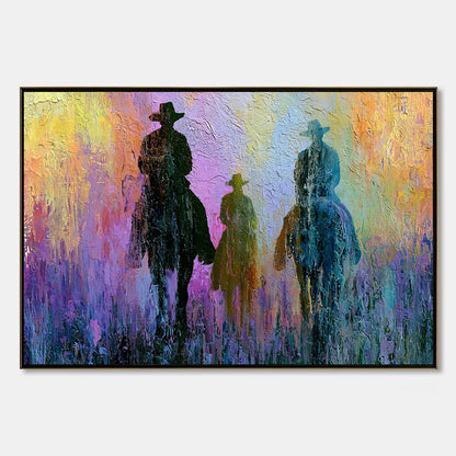 Twilight Posse: Textured Cowboy & Horse Oil Painting Wall Art | hanging in living room, Abstract wall art