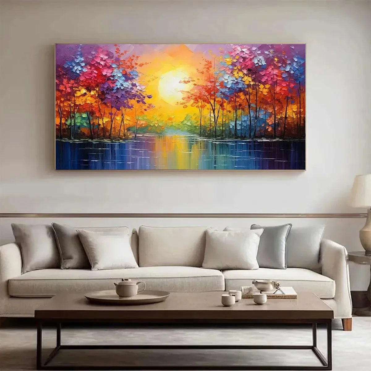 TWILIGHT REFLECTIONS: Colorful Landscape Painting of Trees by the Water | Landscape closeup, raised brushwork detail