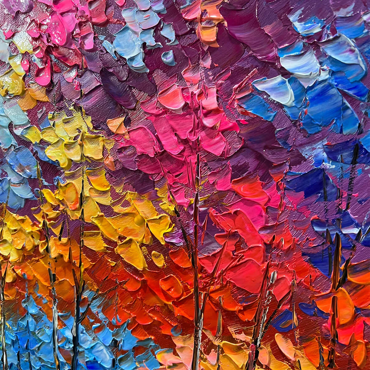 TWILIGHT REFLECTIONS: Colorful Landscape Painting of Trees by the Water | rectangular format, hand-painted canvas edge
