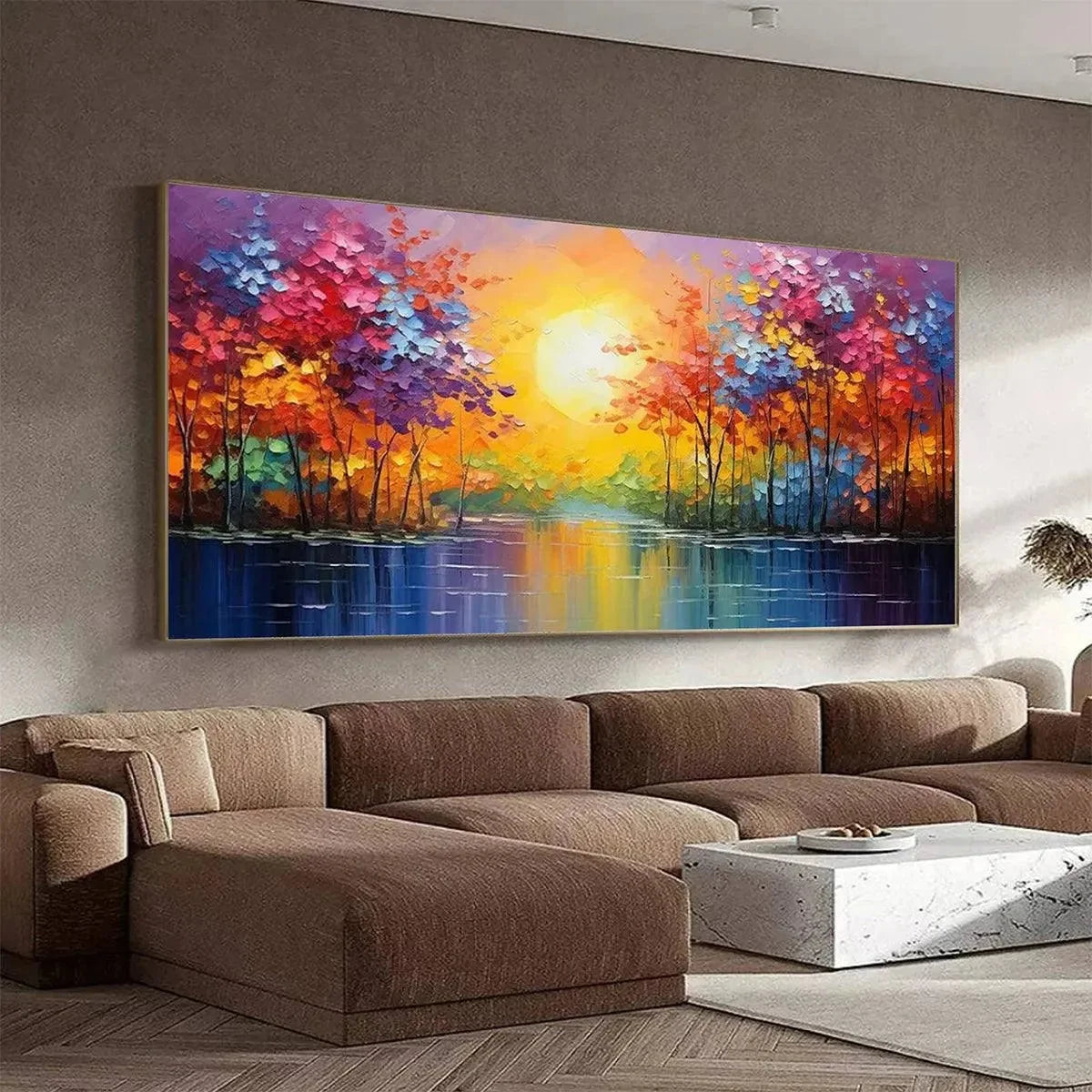 TWILIGHT REFLECTIONS: Colorful Landscape Painting of Trees by the Water | gold frame stretched on neutral wall