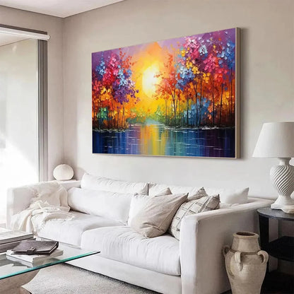 TWILIGHT REFLECTIONS: Colorful Landscape Painting of Trees by the Water | rolled canvas, ready for custom framing