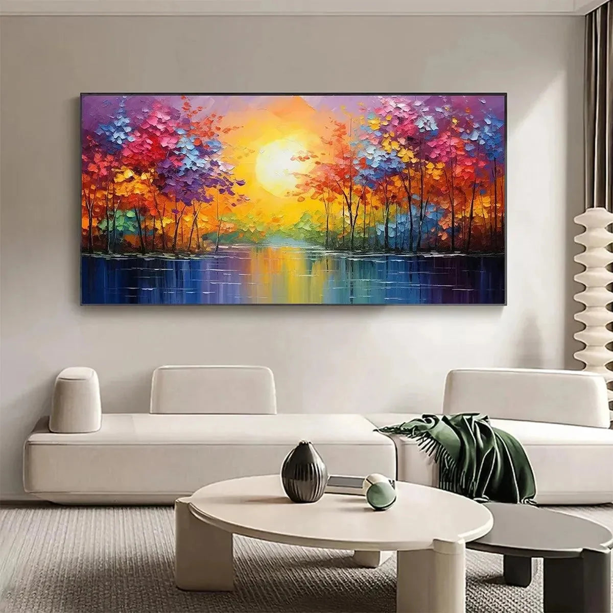 TWILIGHT REFLECTIONS: Colorful Landscape Painting of Trees by the Water | Landscape mood, soft natural light studio shot