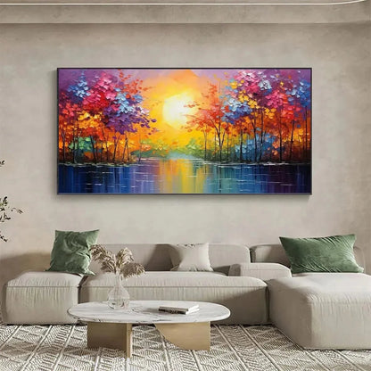 TWILIGHT REFLECTIONS: Colorful Landscape Painting of Trees by the Water | yellow palette, original oil on stretched canvas art