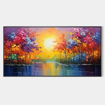 TWILIGHT REFLECTIONS: Colorful Landscape Painting of Trees by the Water | hanging in living room, Landscape wall art