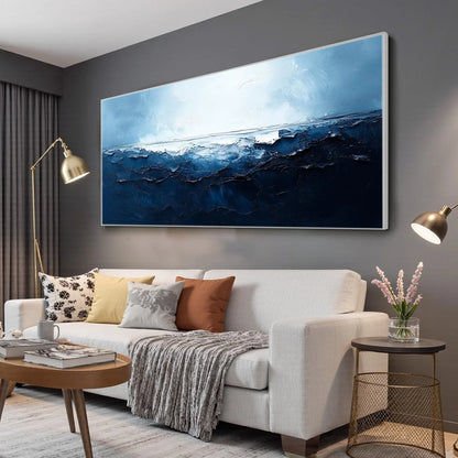 TWILIGHT SEA: Textured Abstract Ocean Oil Painting in Blue | gold frame stretched on neutral wall