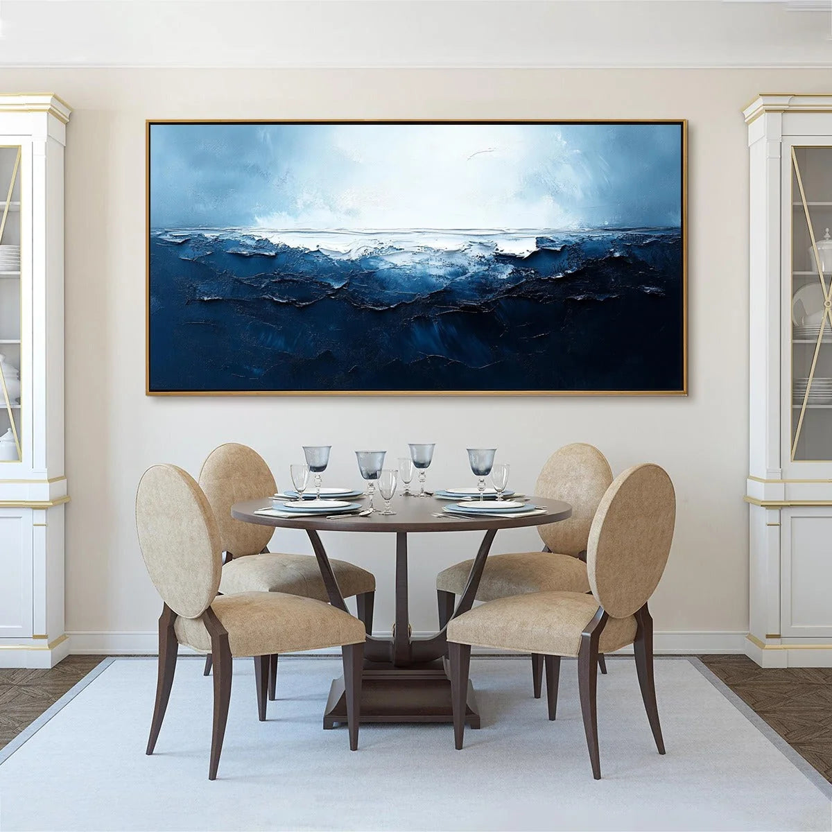 TWILIGHT SEA: Textured Abstract Ocean Oil Painting in Blue | black frame version on white wall