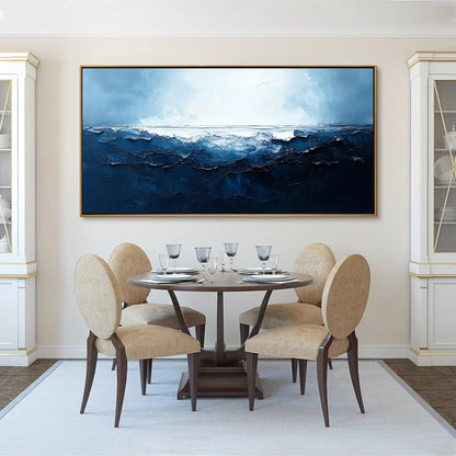 TWILIGHT SEA: Textured Abstract Ocean Oil Painting in Blue | black frame version on white wall