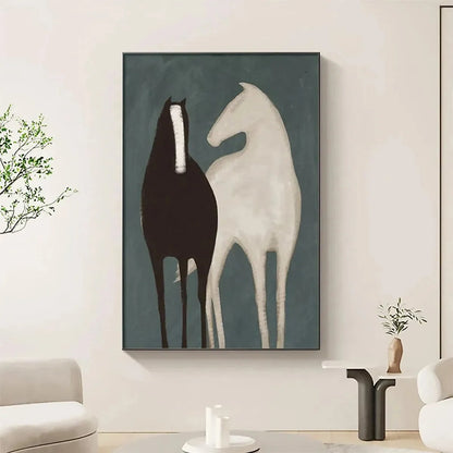 TWO HORSES: Minimalist Horse Painting, Vertical Wall Art | gold frame stretched on neutral wall