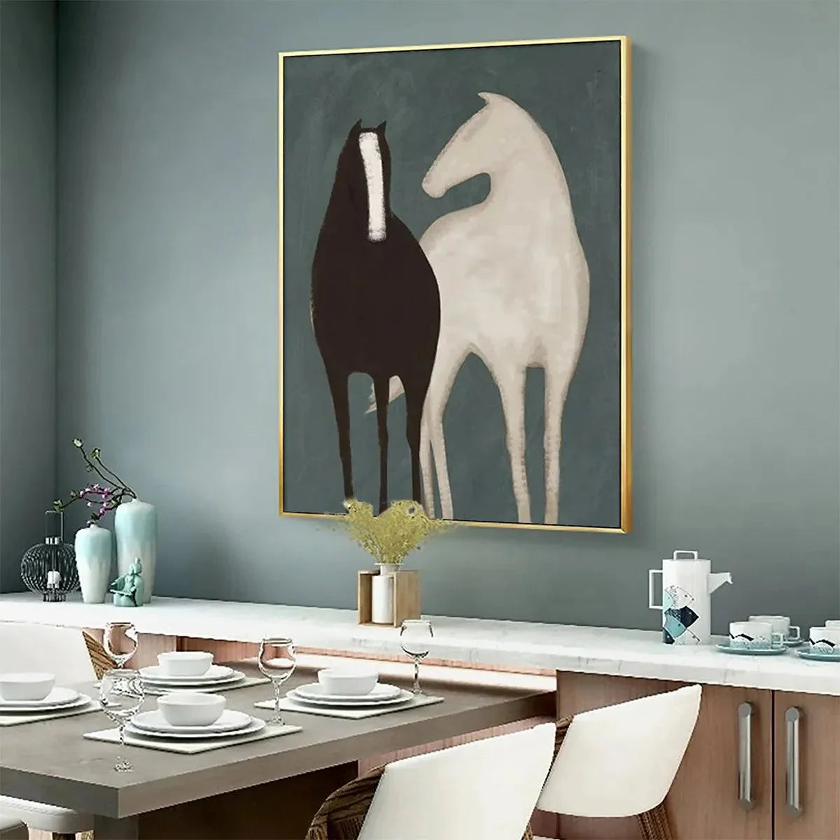 TWO HORSES: Minimalist Horse Painting, Vertical Wall Art | black frame version on white wall