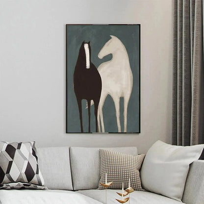 TWO HORSES: Minimalist Horse Painting, Vertical Wall Art | Minimalist mood, soft natural light studio shot