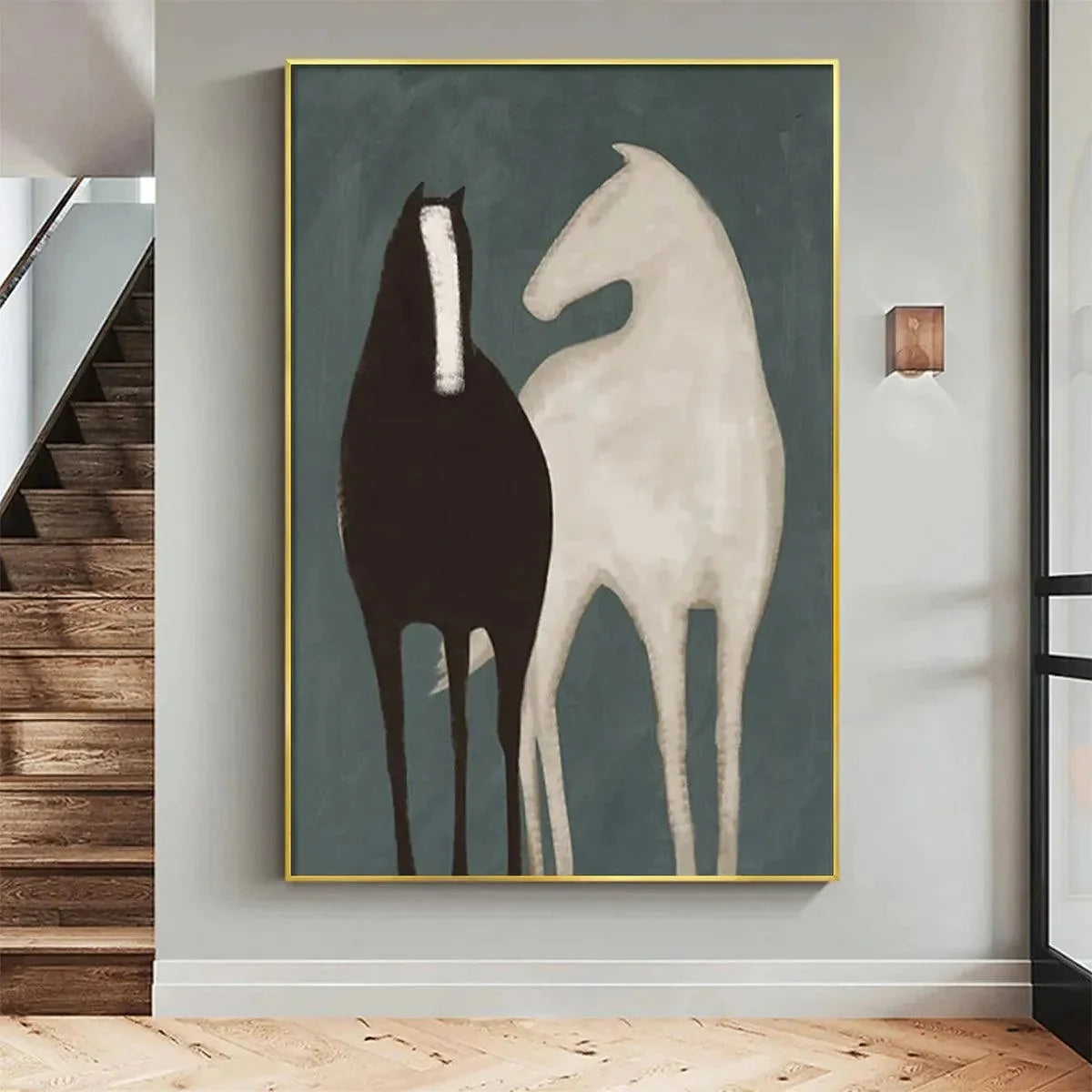 TWO HORSES: Minimalist Horse Painting, Vertical Wall Art | multi-color palette, original oil on stretched canvas art