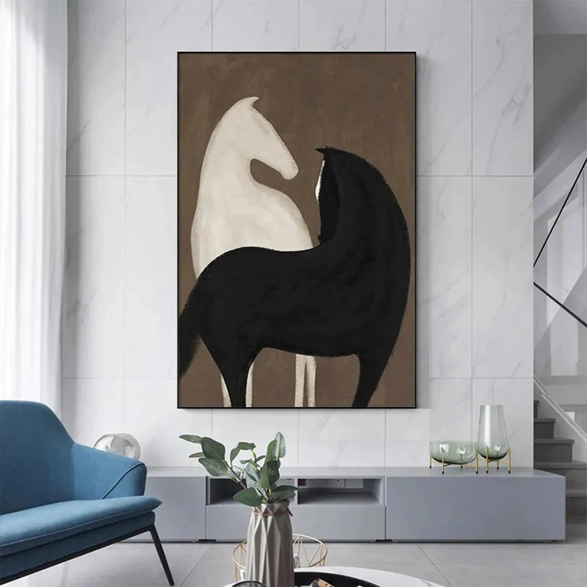 TWO HORSES ON BROWN: Minimalist Horse Painting, Vertical Wall Art | Minimalist closeup, raised brushwork detail