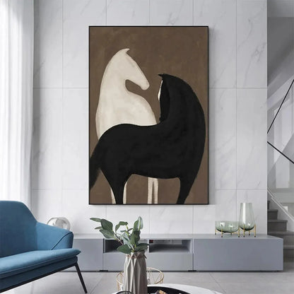 TWO HORSES ON BROWN: Minimalist Horse Painting, Vertical Wall Art | Minimalist closeup, raised brushwork detail