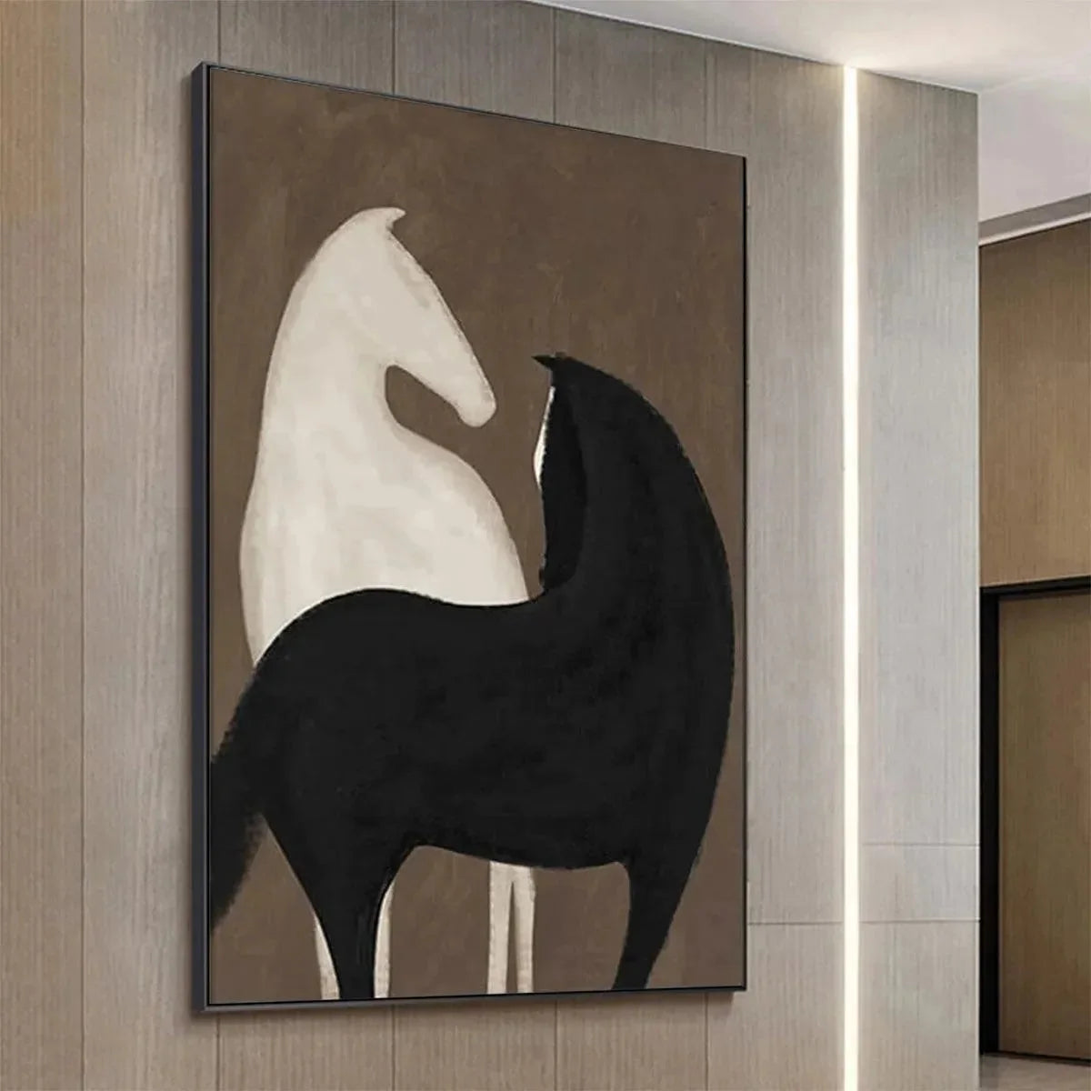 TWO HORSES ON BROWN: Minimalist Horse Painting, Vertical Wall Art | gold frame stretched on neutral wall