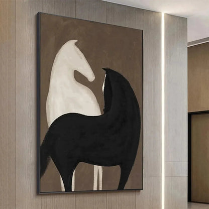 TWO HORSES ON BROWN: Minimalist Horse Painting, Vertical Wall Art | gold frame stretched on neutral wall