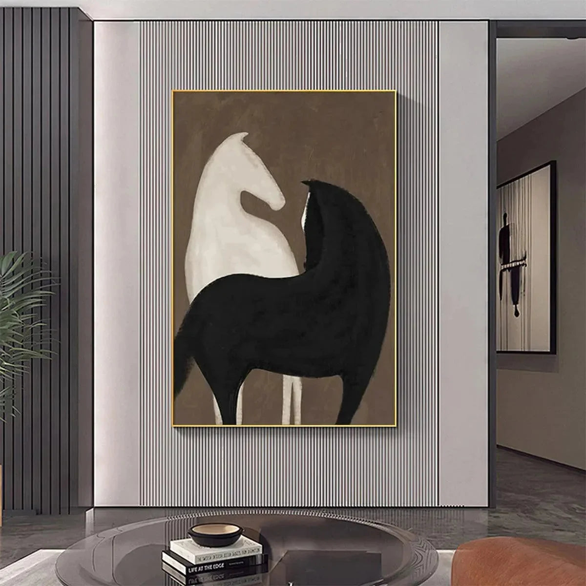 TWO HORSES ON BROWN: Minimalist Horse Painting, Vertical Wall Art | black frame version on white wall