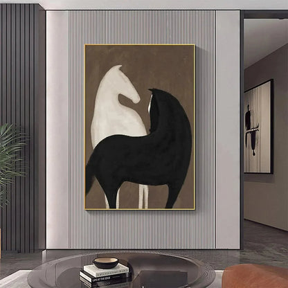 TWO HORSES ON BROWN: Minimalist Horse Painting, Vertical Wall Art | black frame version on white wall