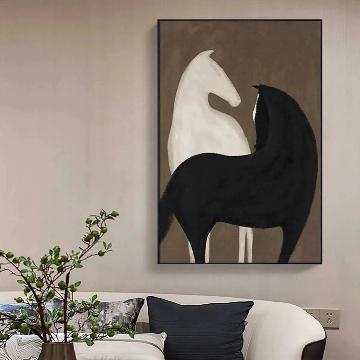 TWO HORSES ON BROWN: Minimalist Horse Painting, Vertical Wall Art | Minimalist mood, soft natural light studio shot