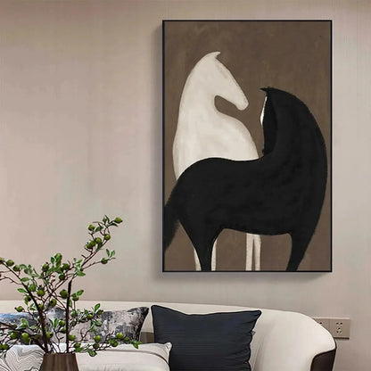 TWO HORSES ON BROWN: Minimalist Horse Painting, Vertical Wall Art | Minimalist mood, soft natural light studio shot