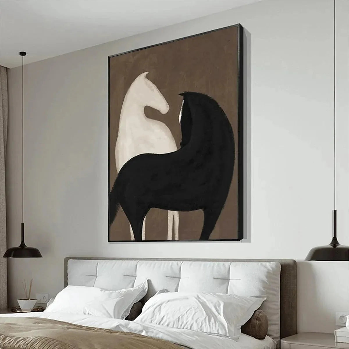TWO HORSES ON BROWN: Minimalist Horse Painting, Vertical Wall Art | multi-color palette, original oil on stretched canvas art
