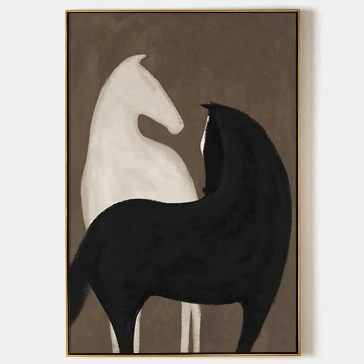 TWO HORSES ON BROWN: Minimalist Horse Painting, Vertical Wall Art | hanging in living room, Minimalist wall art