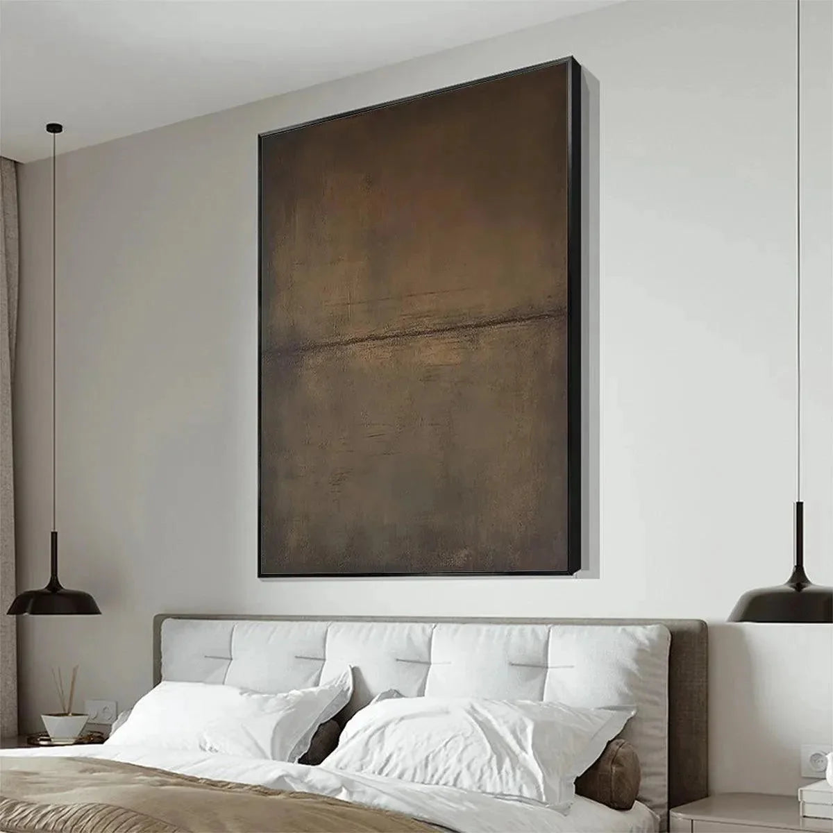 UMBER ABSTRACT LANDSCAPE: Abstract Painting in Brown | gold frame stretched on neutral wall