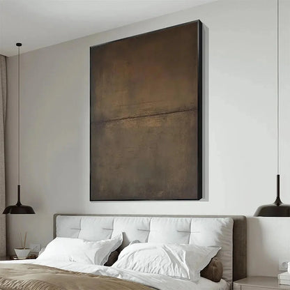 UMBER ABSTRACT LANDSCAPE: Abstract Painting in Brown | gold frame stretched on neutral wall