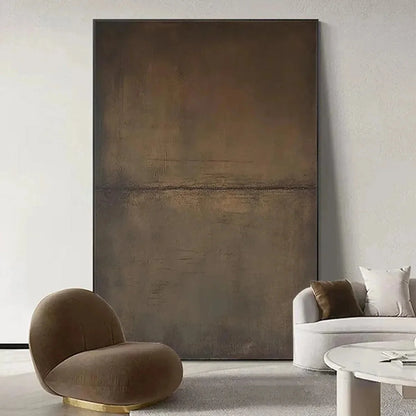 UMBER ABSTRACT LANDSCAPE: Abstract Painting in Brown | black frame version on white wall