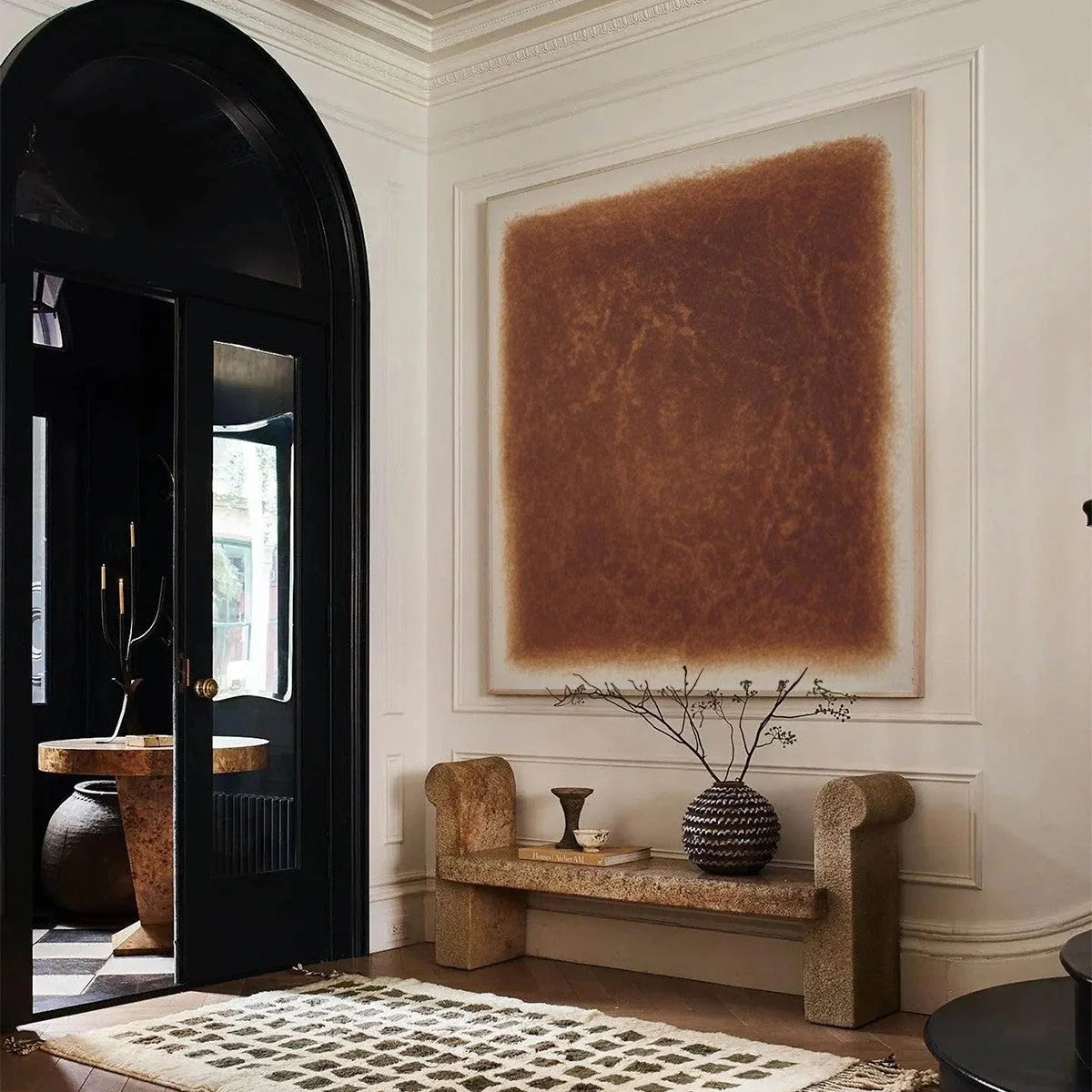 UMBRA: Textured Abstract Square Brown Oil Painting | gold frame stretched on neutral wall