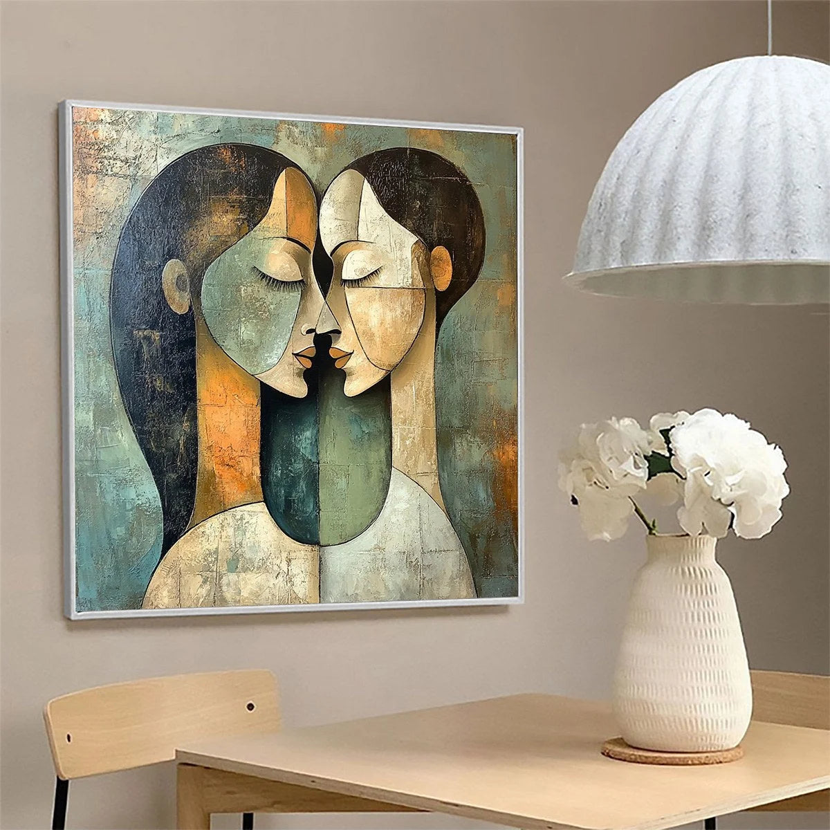 UNITY IN CONTRAST: Textured Abstract Figurative Oil Painting | gold frame stretched on neutral wall