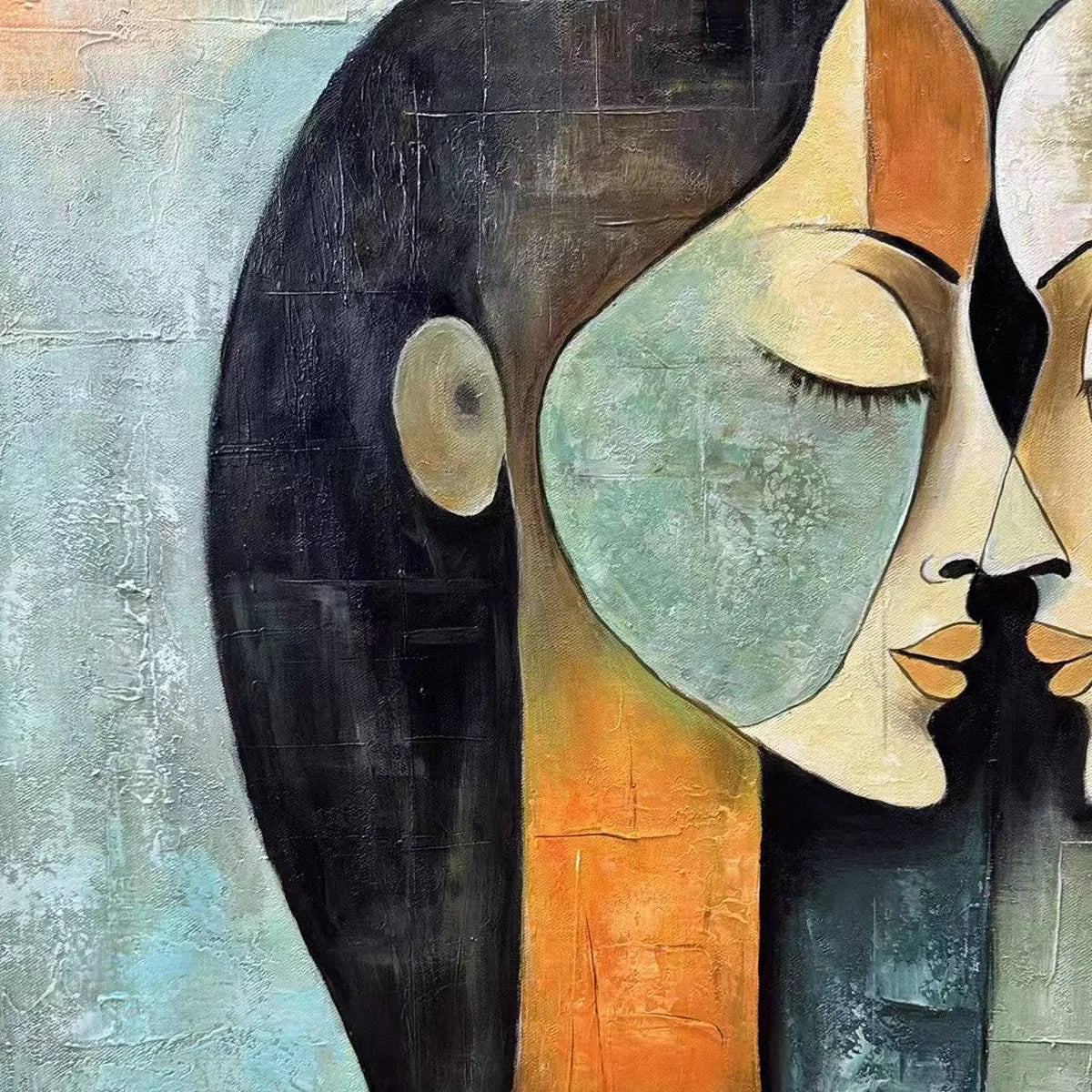 UNITY IN CONTRAST: Textured Abstract Figurative Oil Painting | black frame version on white wall