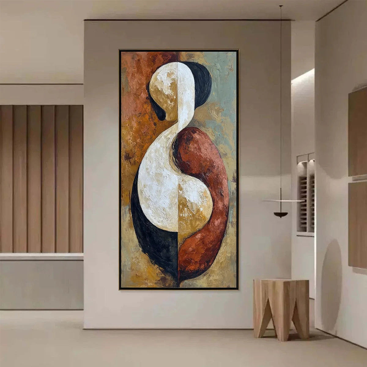UNITY: Textured Abstract Figurative Oil Painting of Embracing Forms | gold frame stretched on neutral wall