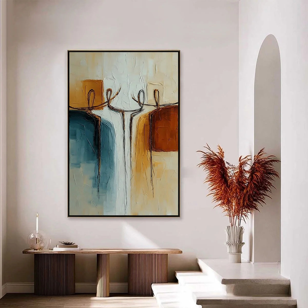 UNITY: Textured Abstract Painting of Connected Figures | gold frame stretched on neutral wall