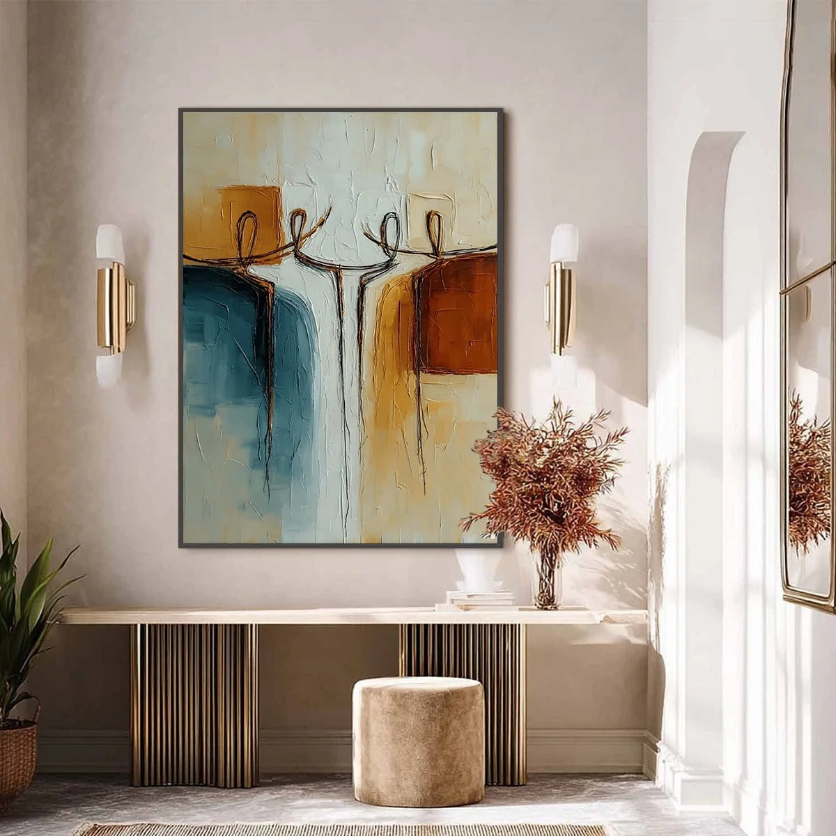UNITY: Textured Abstract Painting of Connected Figures | black frame version on white wall