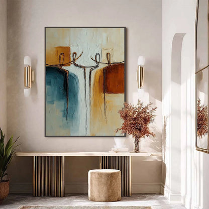 UNITY: Textured Abstract Painting of Connected Figures | black frame version on white wall