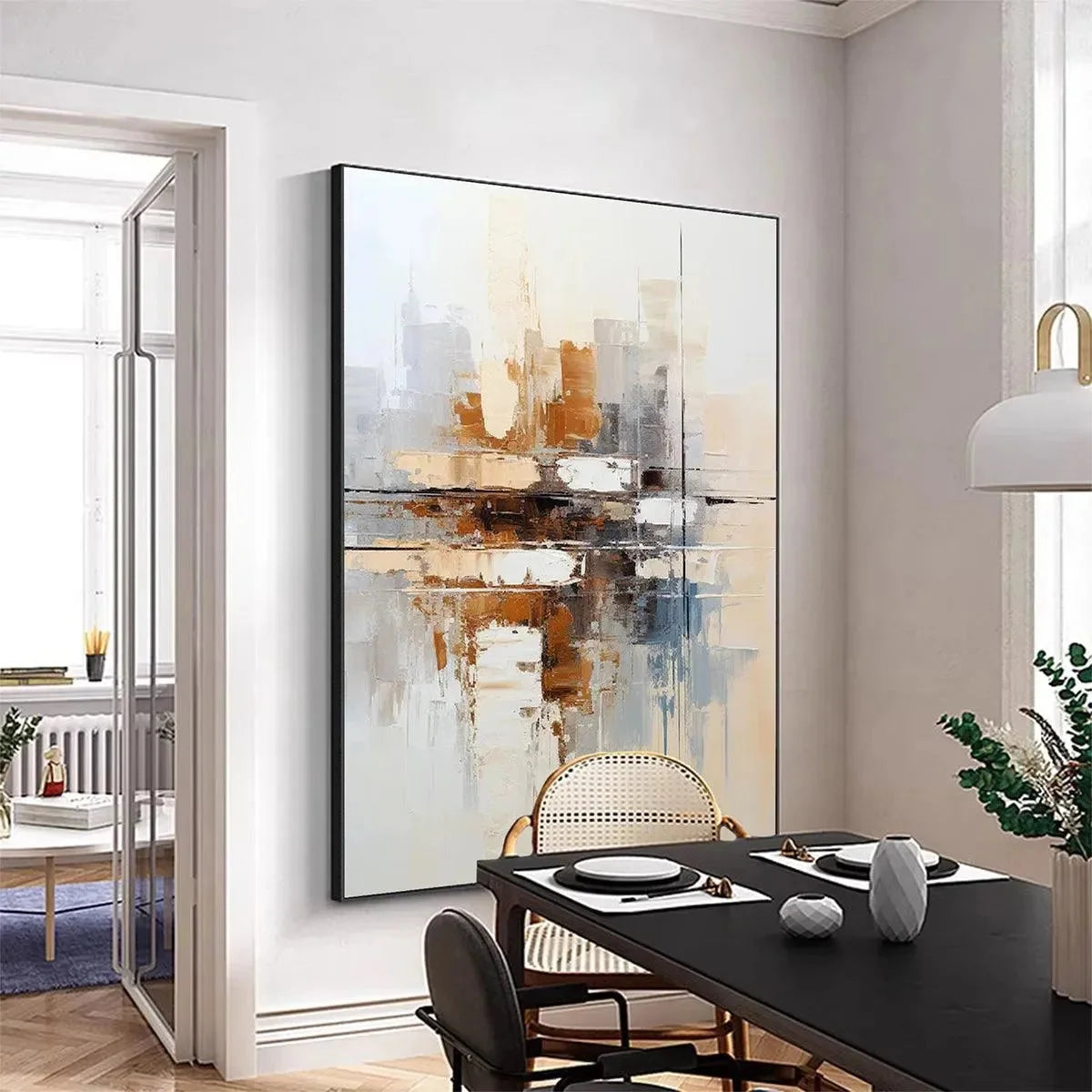 URBAN ABSTRACT: Beige Abstract Painting, Modern Wall Art, Textured Canvas, Vertical Artwork | gold frame stretched on neutral wall