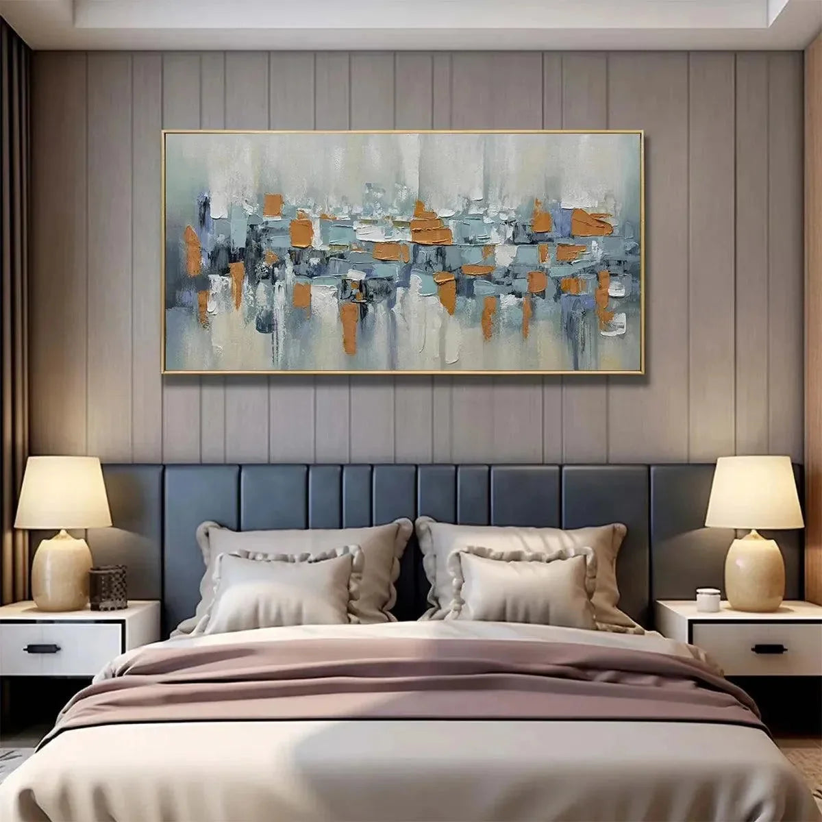 URBAN ABSTRACT: Textured Abstract Painting, Modern Wall Art, Panoramic Canvas, Office Decor | gold frame stretched on neutral wall