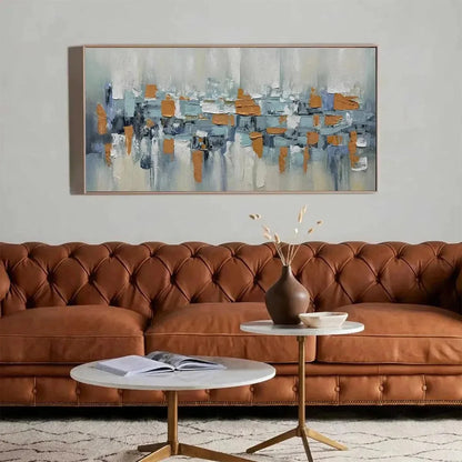 URBAN ABSTRACT: Textured Abstract Painting, Modern Wall Art, Panoramic Canvas, Office Decor | black frame version on white wall
