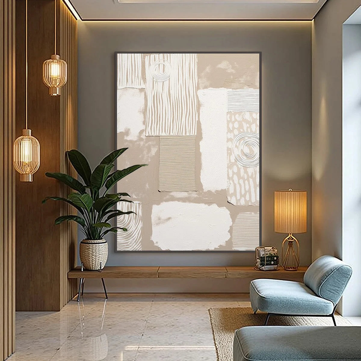 URBAN ARTIFACTS: Large Textured Minimalist Abstract Painting | gold frame stretched on neutral wall