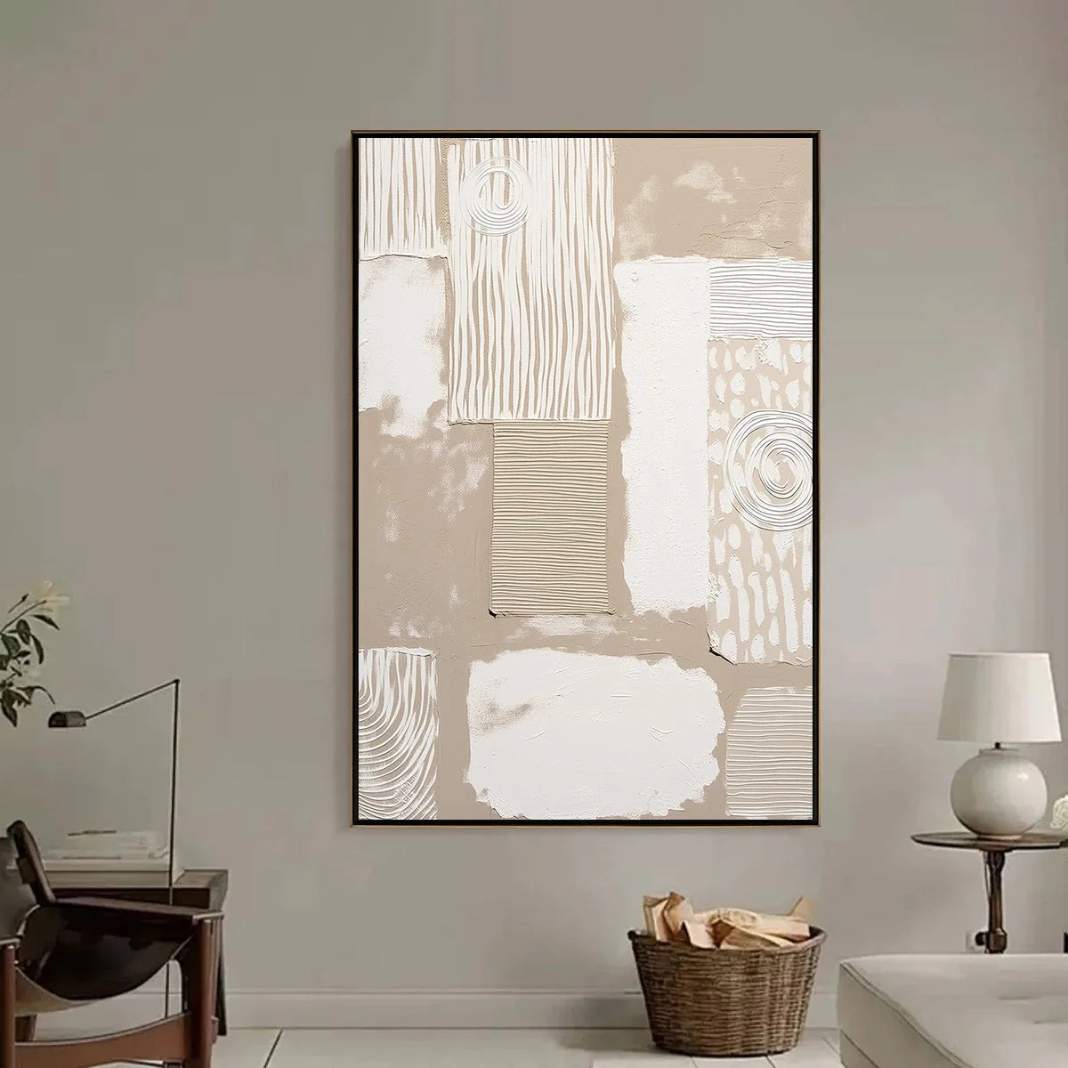 URBAN ARTIFACTS: Large Textured Minimalist Abstract Painting | black frame version on white wall