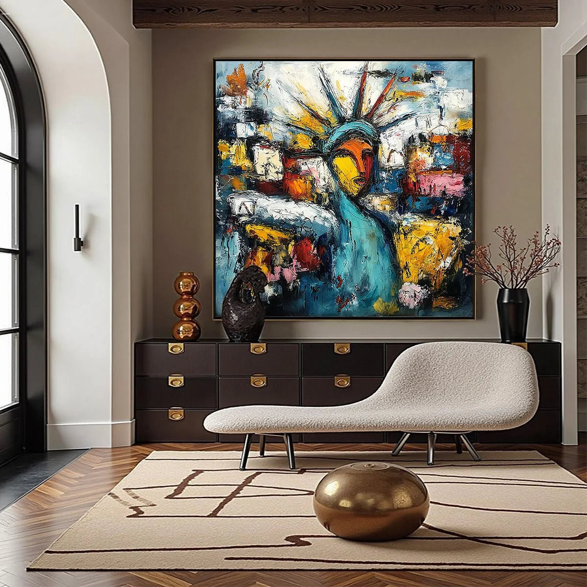 URBAN BEACON: Abstract Impasto Statue of Liberty Painting | gold frame stretched on neutral wall