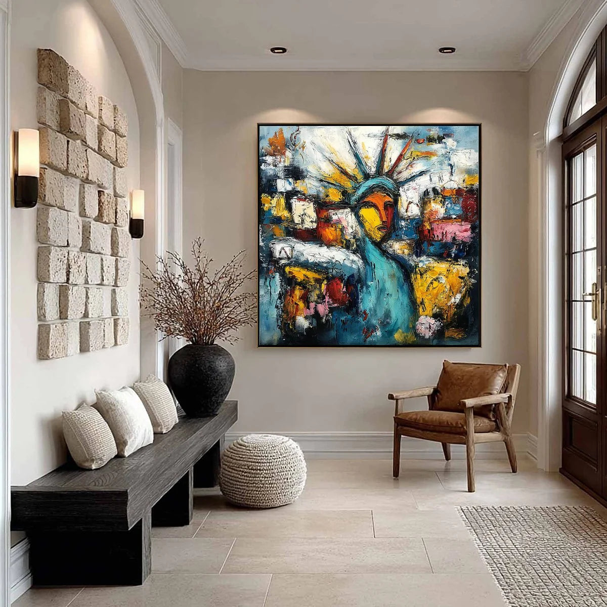 URBAN BEACON: Abstract Impasto Statue of Liberty Painting | black frame version on white wall