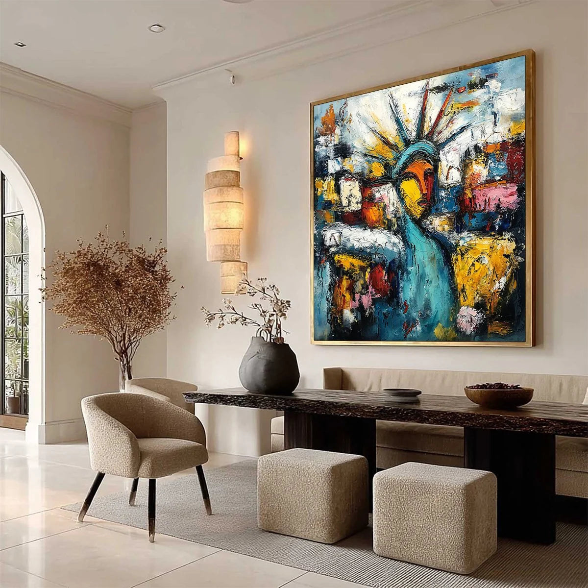 URBAN BEACON: Abstract Impasto Statue of Liberty Painting | multi-color palette, original oil on stretched canvas art