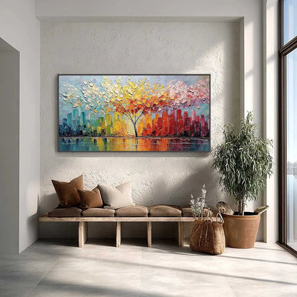 URBAN BLOOM: Colorful Textured Impasto Cityscape Painting | Abstract closeup, raised brushwork detail