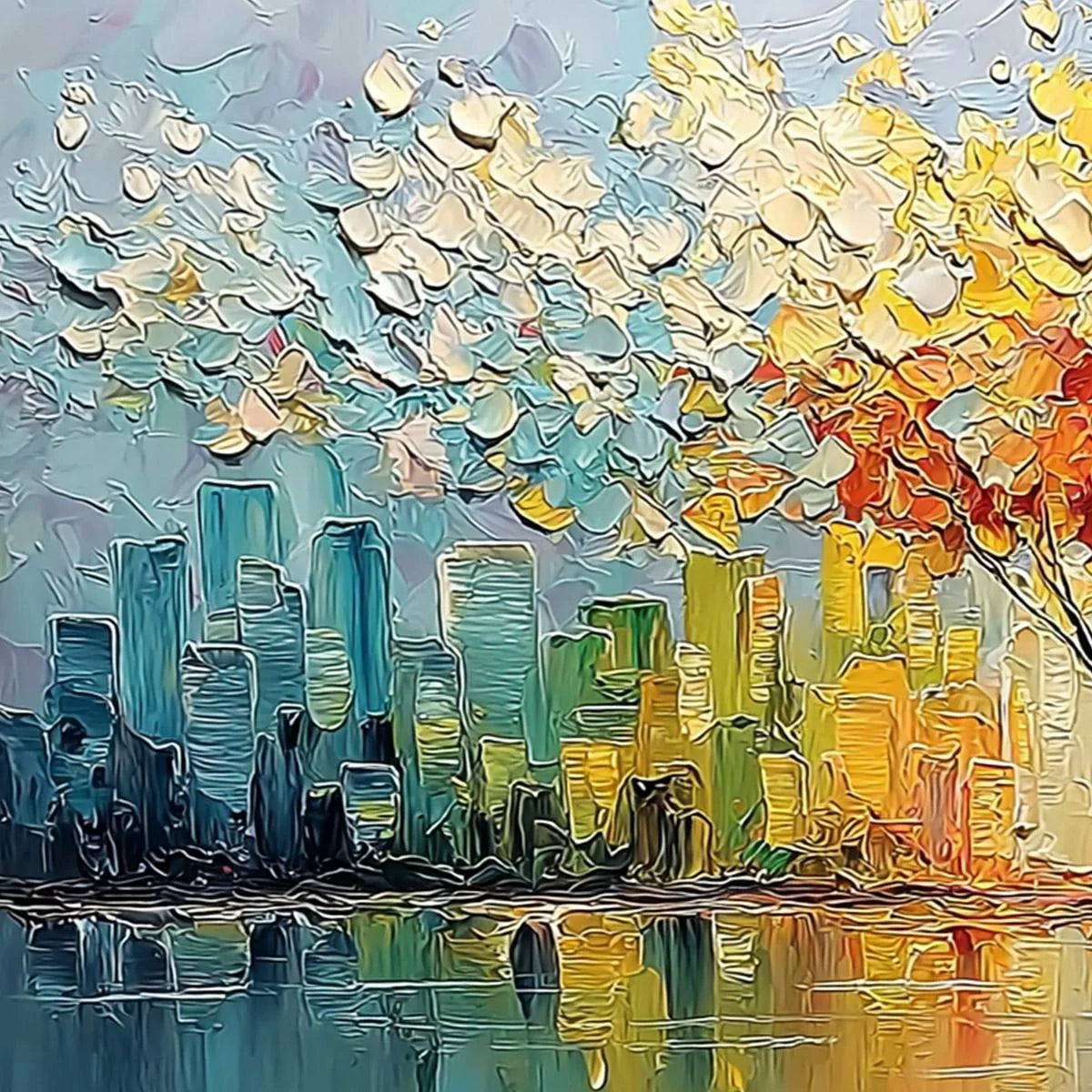 URBAN BLOOM: Colorful Textured Impasto Cityscape Painting | rectangular format, hand-painted canvas edge