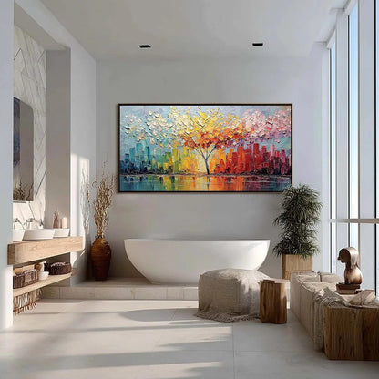 URBAN BLOOM: Colorful Textured Impasto Cityscape Painting | gold frame stretched on neutral wall