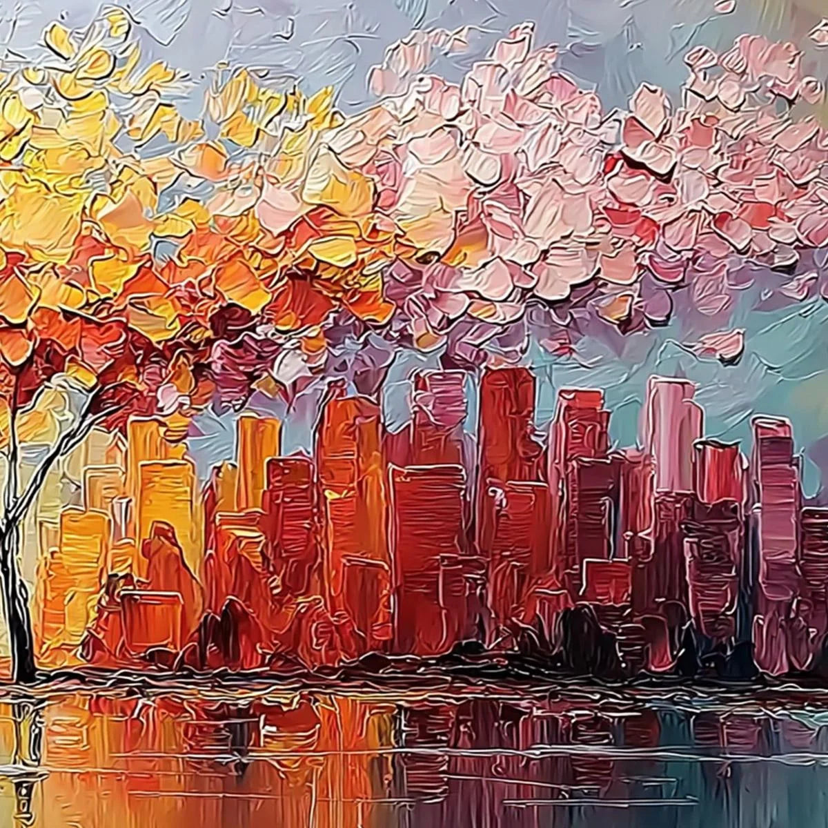 URBAN BLOOM: Colorful Textured Impasto Cityscape Painting | rolled canvas, ready for custom framing