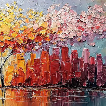 URBAN BLOOM: Colorful Textured Impasto Cityscape Painting | rolled canvas, ready for custom framing